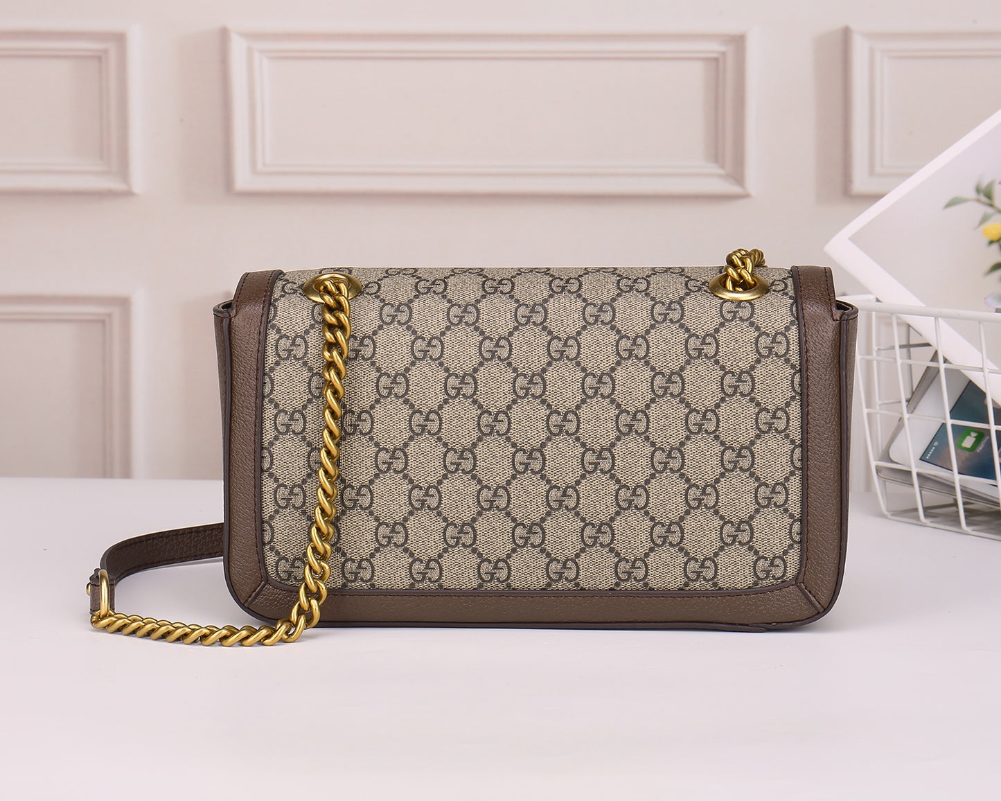 Gucci Classic Monogram Canvas Flap Shoulder Bag with Gold Chain