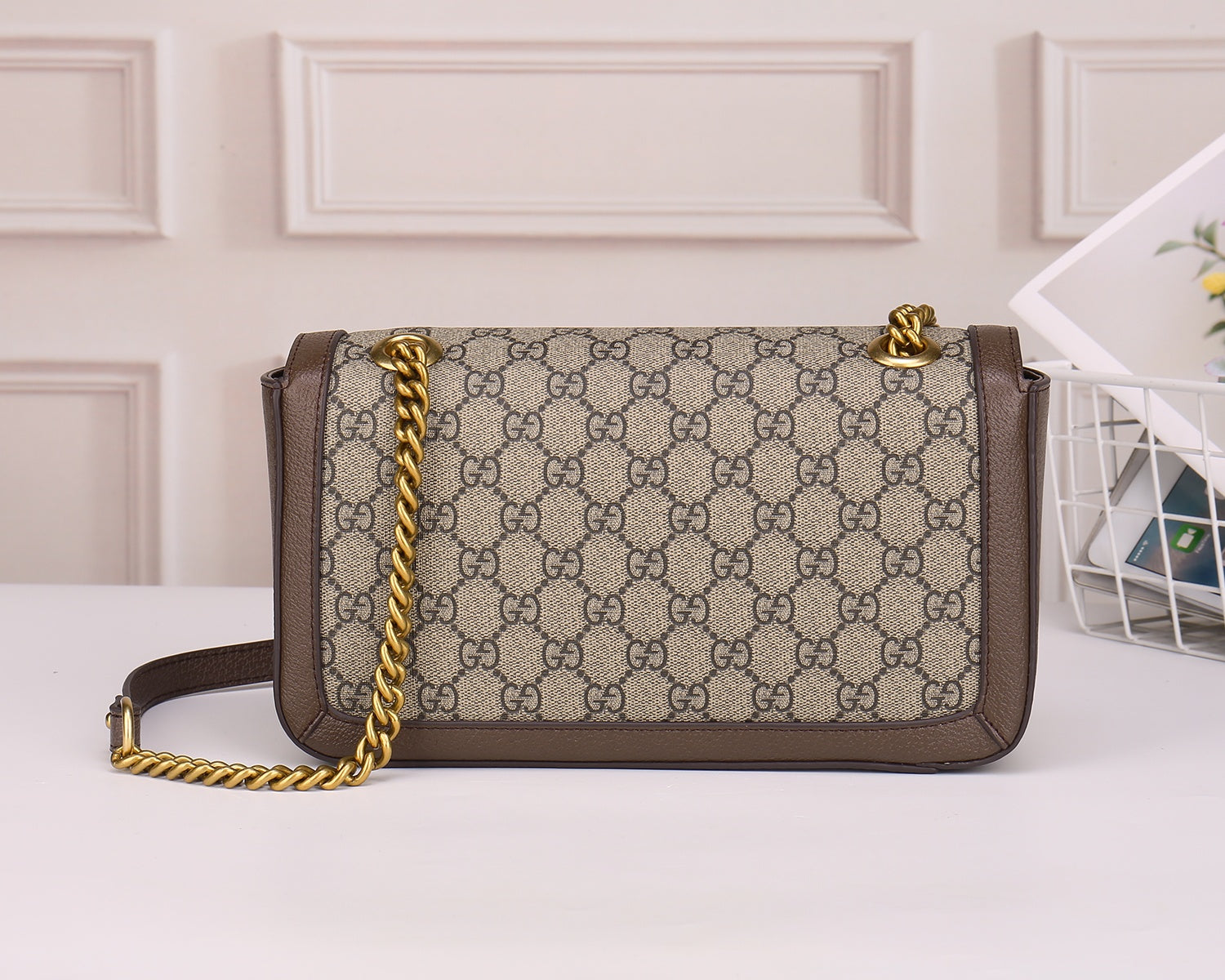 Gucci Classic Monogram Canvas Flap Shoulder Bag with Gold Chain