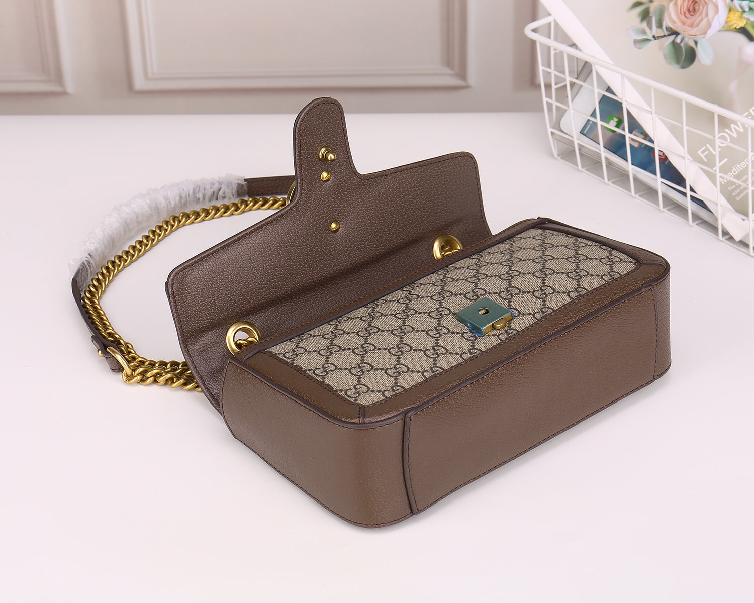Gucci GG Marmont Small Shoulder Bag in GG Supreme Canvas with Brown Leather