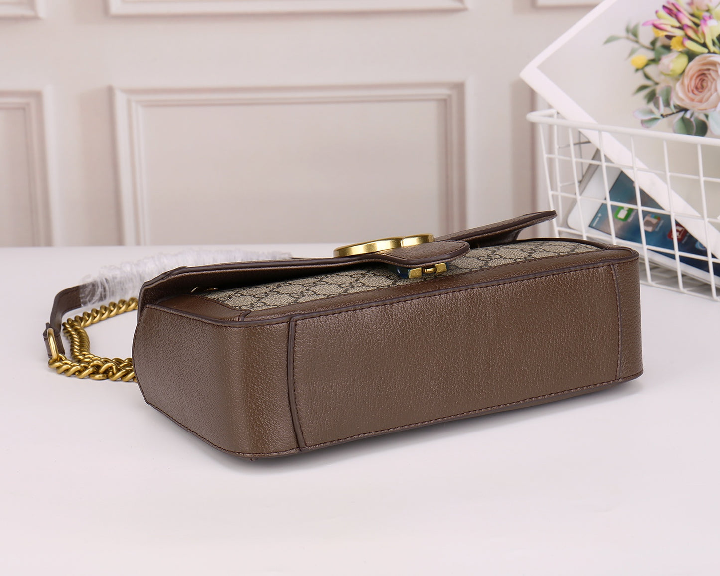 Gucci GG Marmont Small Shoulder Bag in GG Supreme Canvas with Brown Leather