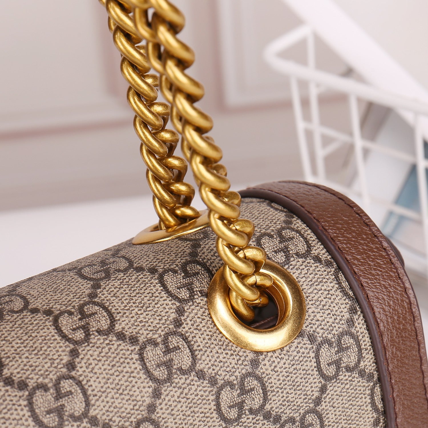 Gucci GG Marmont Small Shoulder Bag in GG Supreme Canvas with Brown Leather