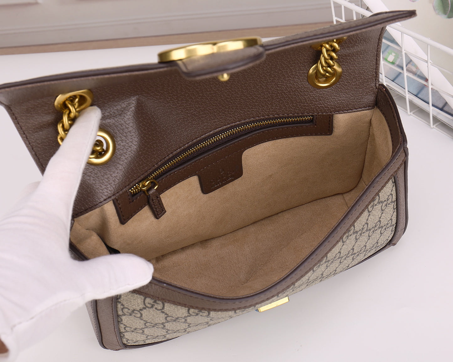 Gucci GG Marmont Small Shoulder Bag in GG Supreme Canvas with Brown Leather