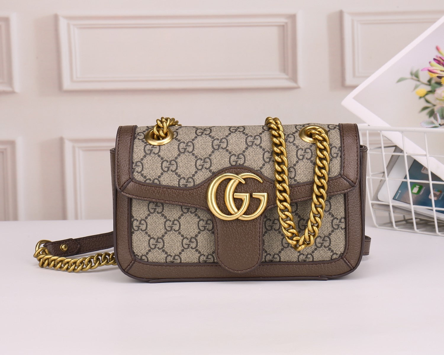 Gucci GG Marmont Small Shoulder Bag in Beige and Ebony GG Supreme Canvas