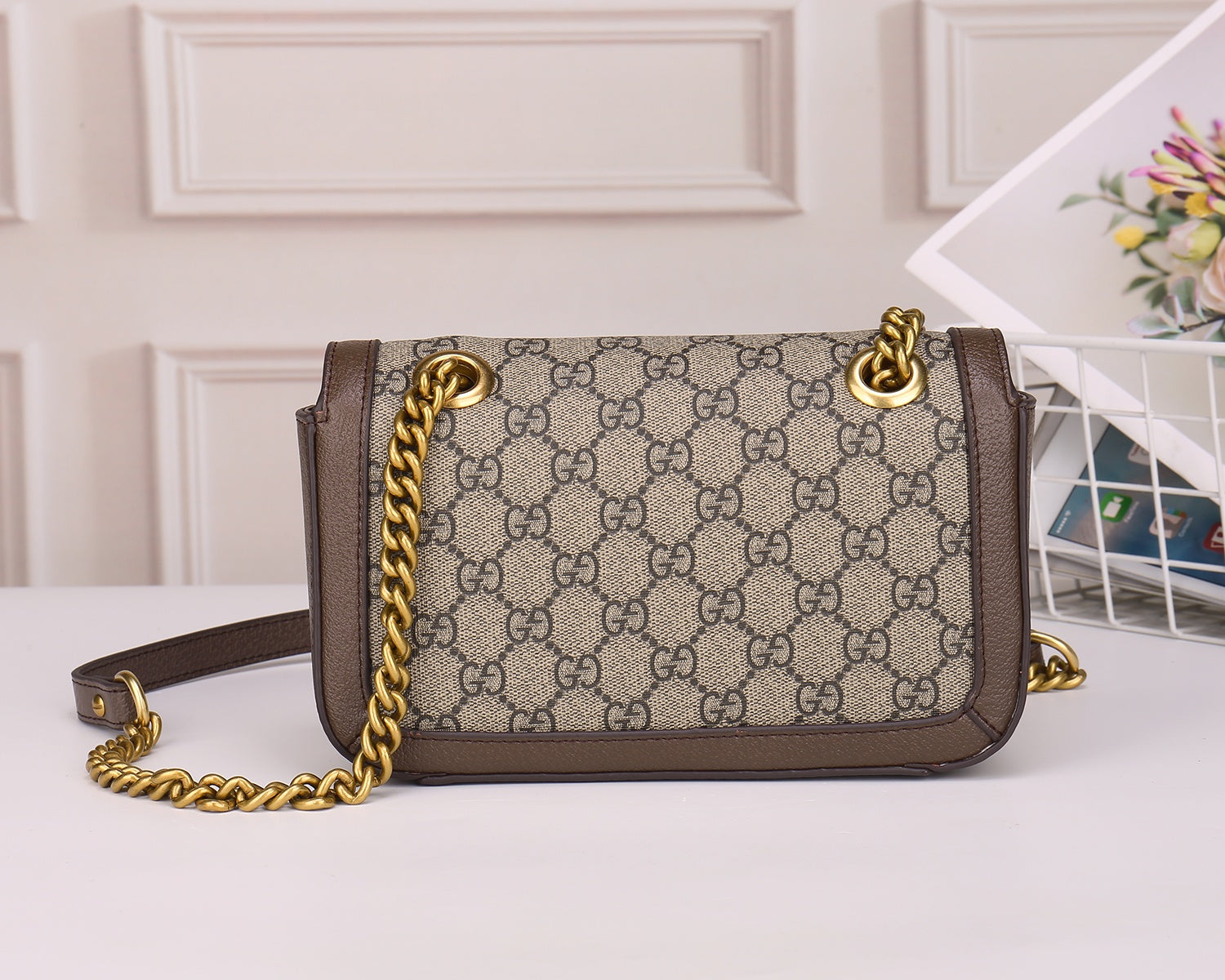 Gucci GG Marmont Small Shoulder Bag in Beige and Ebony GG Supreme Canvas