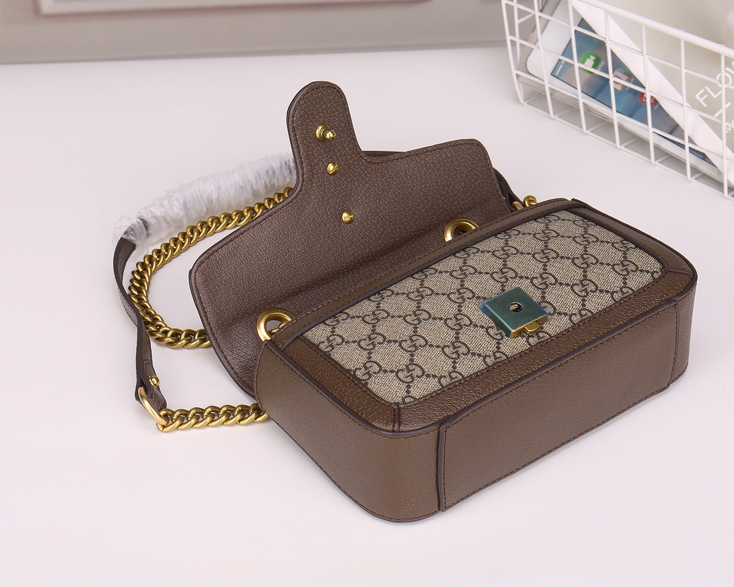 Gucci GG Marmont Small Shoulder Bag in Beige and Ebony GG Supreme Canvas