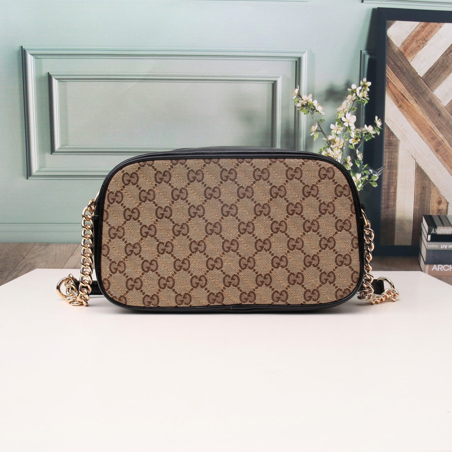 Gucci Classic Monogram Canvas Crossbody Camera Bag with Gold Chain Strap