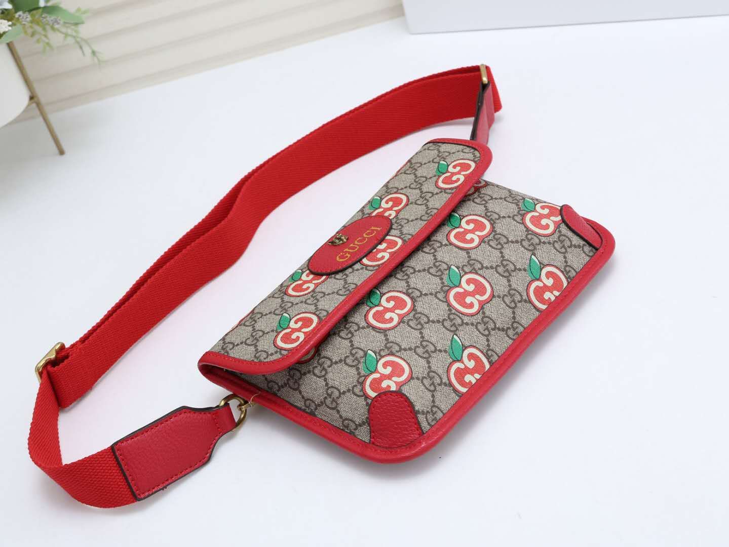 Gucci Vintage Monogram Canvas Waist Bag with Red Trim and Fruit Print