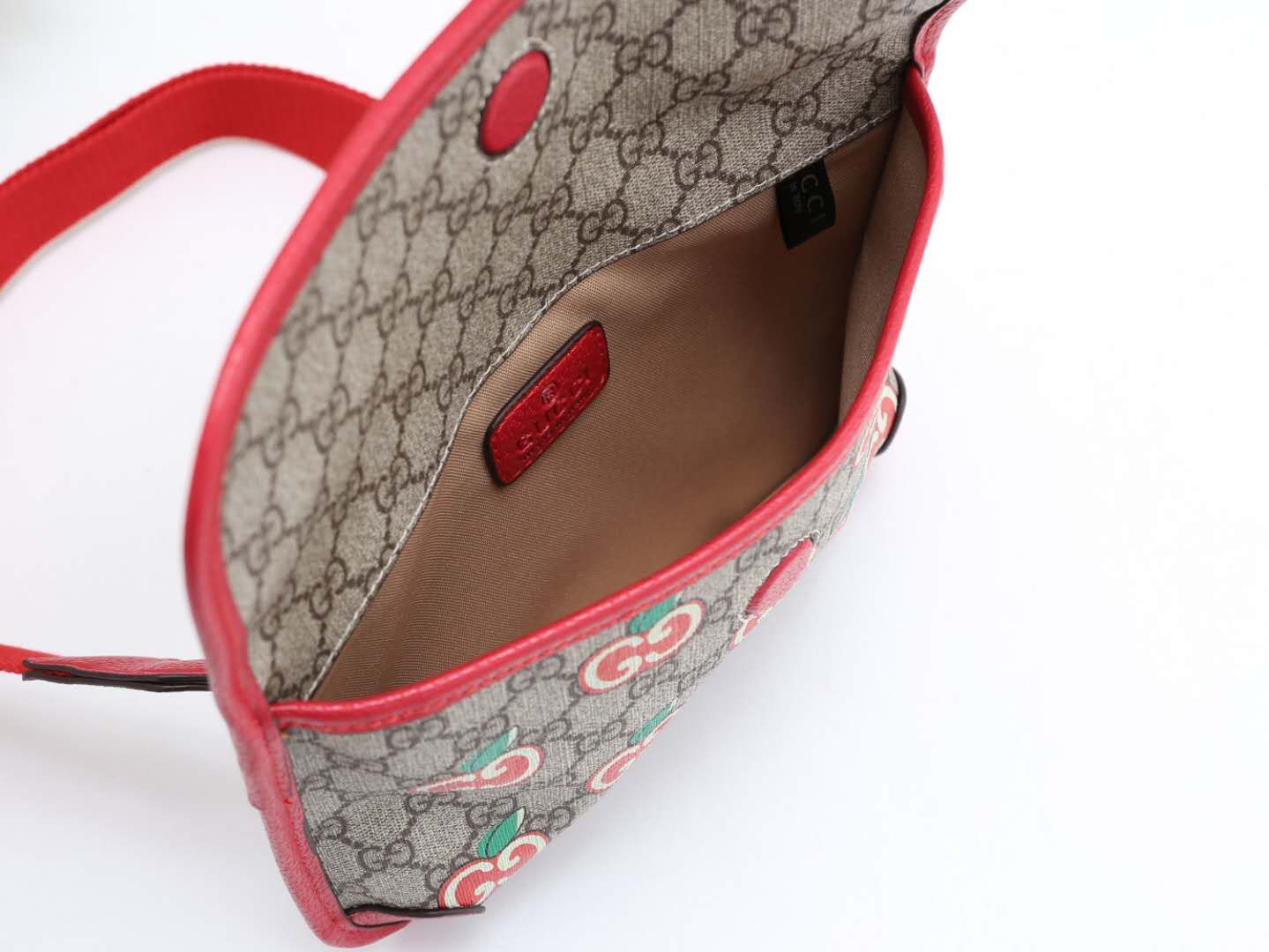 Gucci Vintage Monogram Canvas Waist Bag with Red Trim and Fruit Print