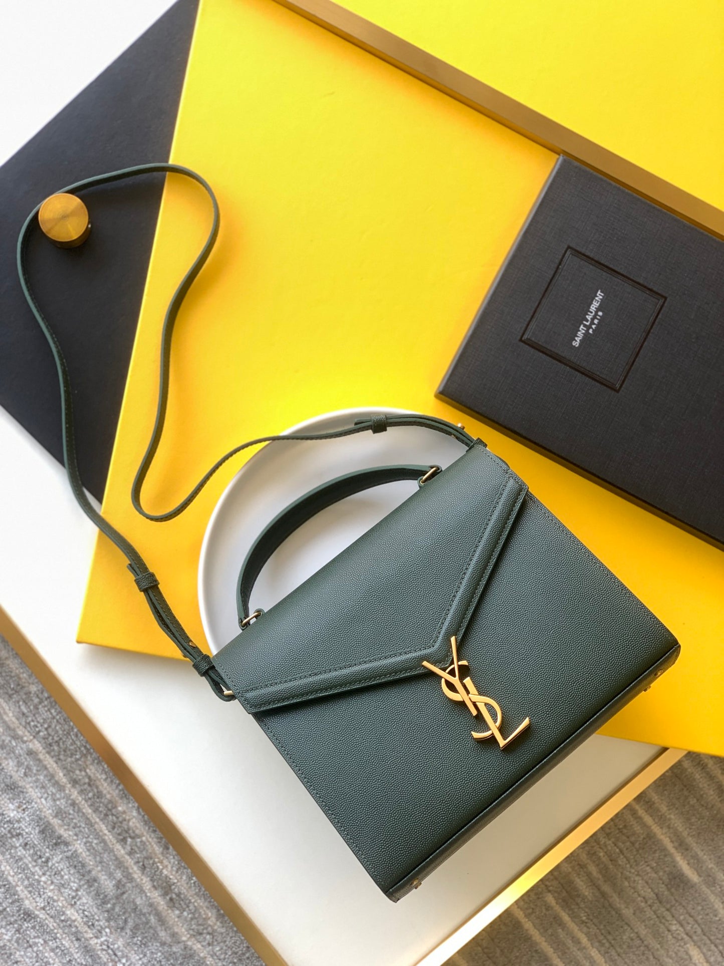 Saint Laurent Cassandra Top Handle Bag in Dark Green Grain de Poudre Embossed Leather - Gold Hardware