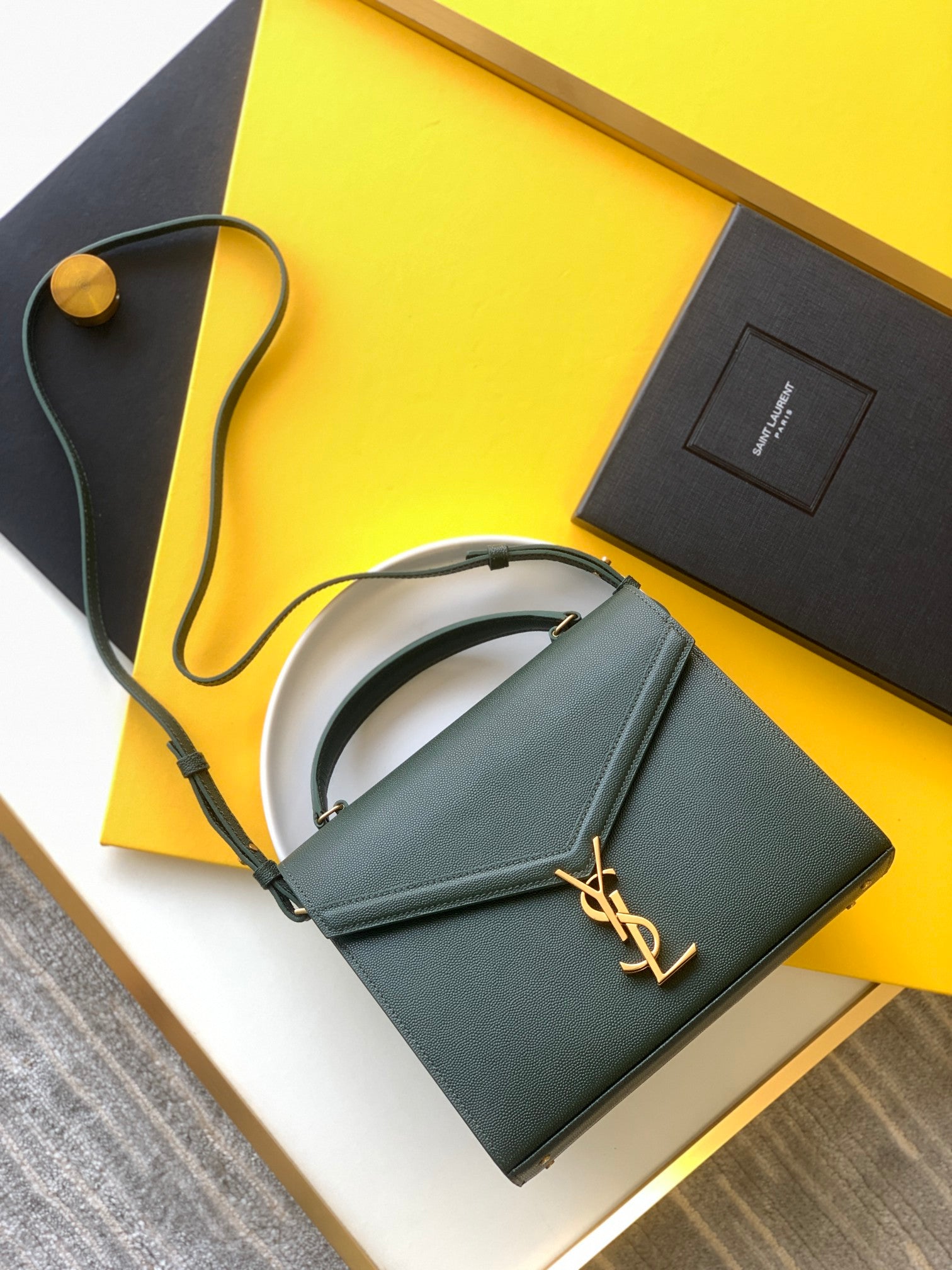 Saint Laurent Cassandra Top Handle Bag in Dark Green Grain de Poudre Embossed Leather - Gold Hardware