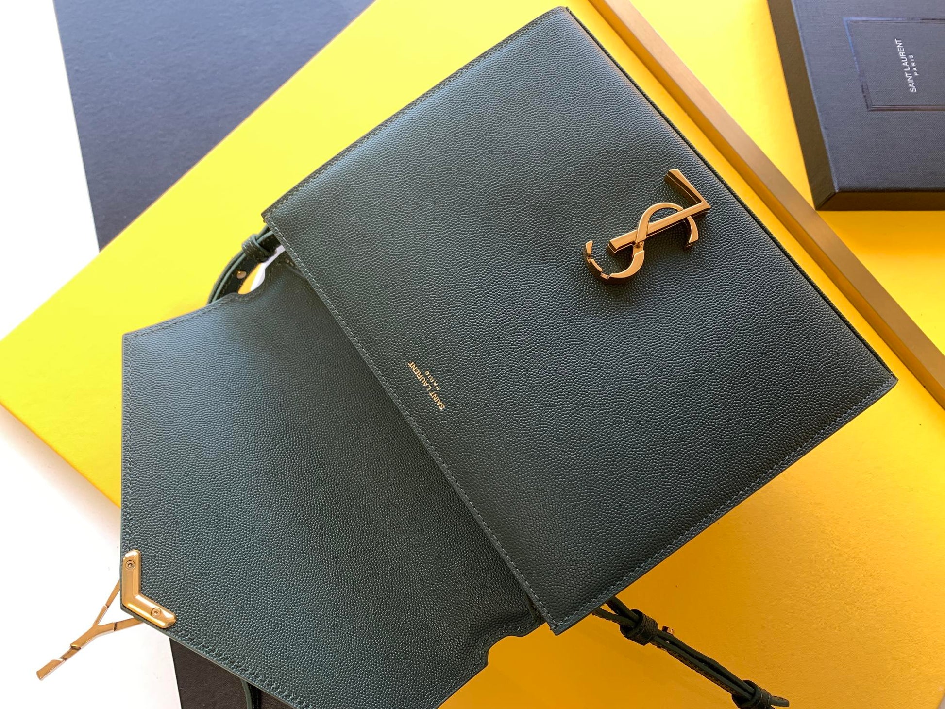 Saint Laurent Cassandra Top Handle Bag in Dark Green Grain de Poudre Embossed Leather - Gold Hardware