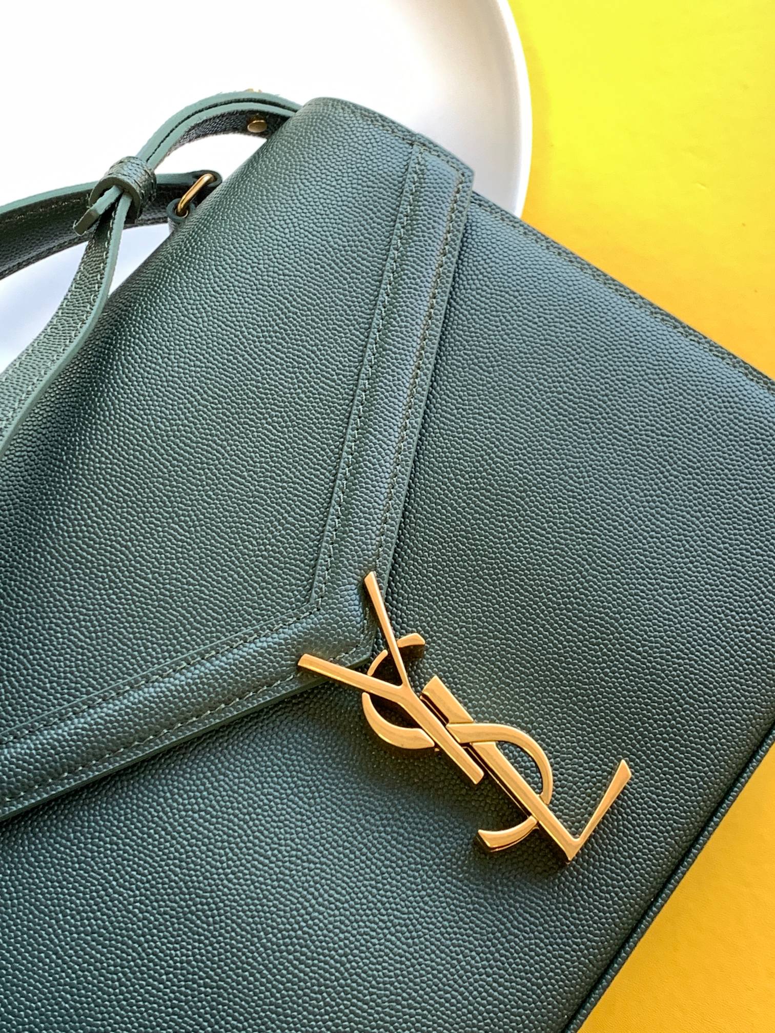Saint Laurent Cassandra Top Handle Bag in Dark Green Grain de Poudre Embossed Leather - Gold Hardware