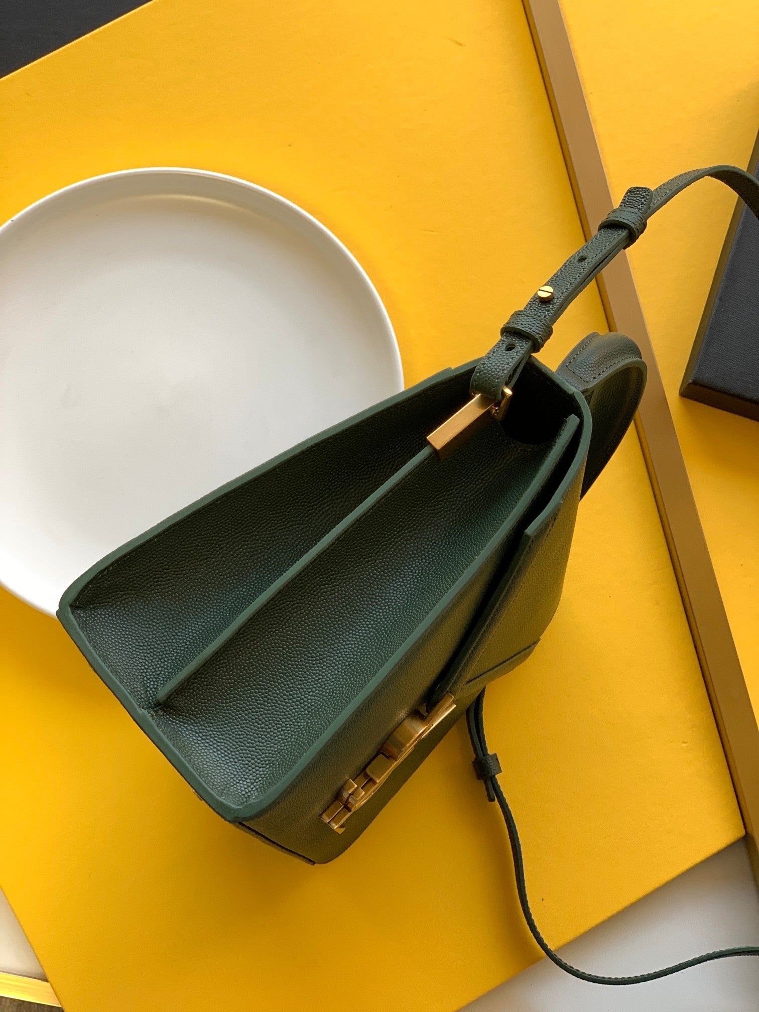 Saint Laurent Cassandra Top Handle Bag in Dark Green Grain de Poudre Embossed Leather - Gold Hardware