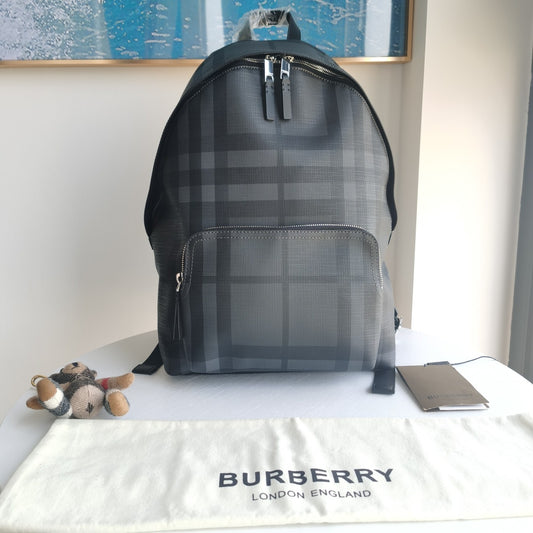 Burberry Charcoal Check Backpack - Designer Grey &amp; Black Plaid Bag