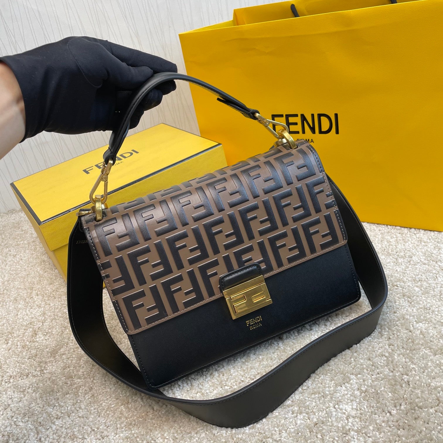 Fendi Kan I Shoulder Bag FF Logo Black Leather Handbag