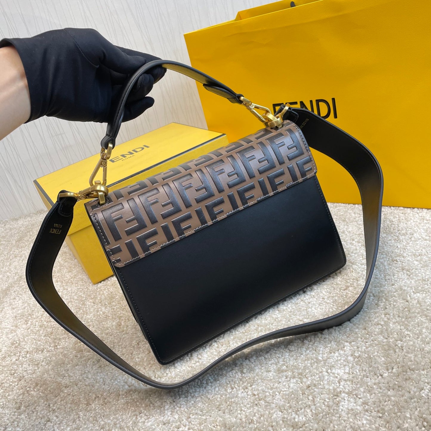 Fendi Kan I Shoulder Bag FF Logo Black Leather Handbag