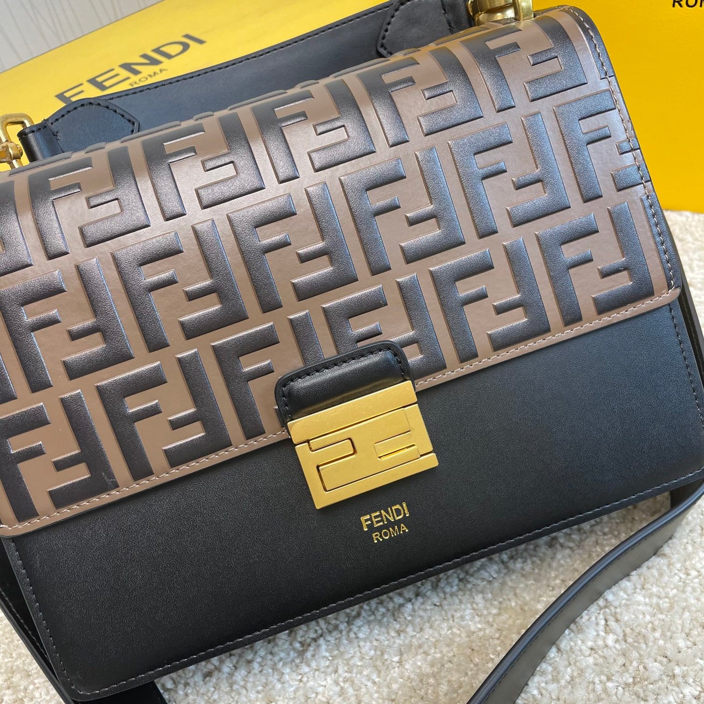 Fendi Kan I Shoulder Bag FF Logo Black Leather Handbag