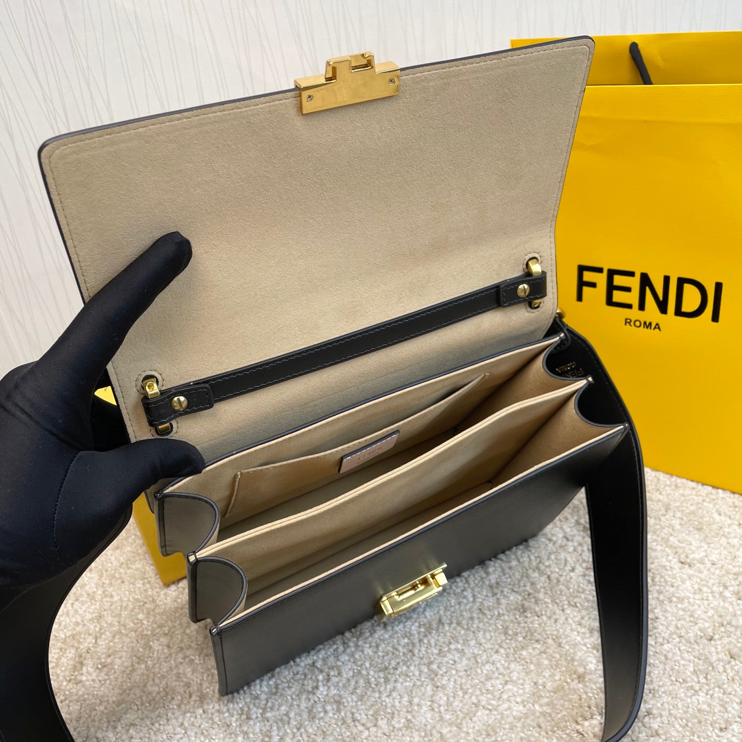 Fendi Kan I Shoulder Bag FF Logo Black Leather Handbag