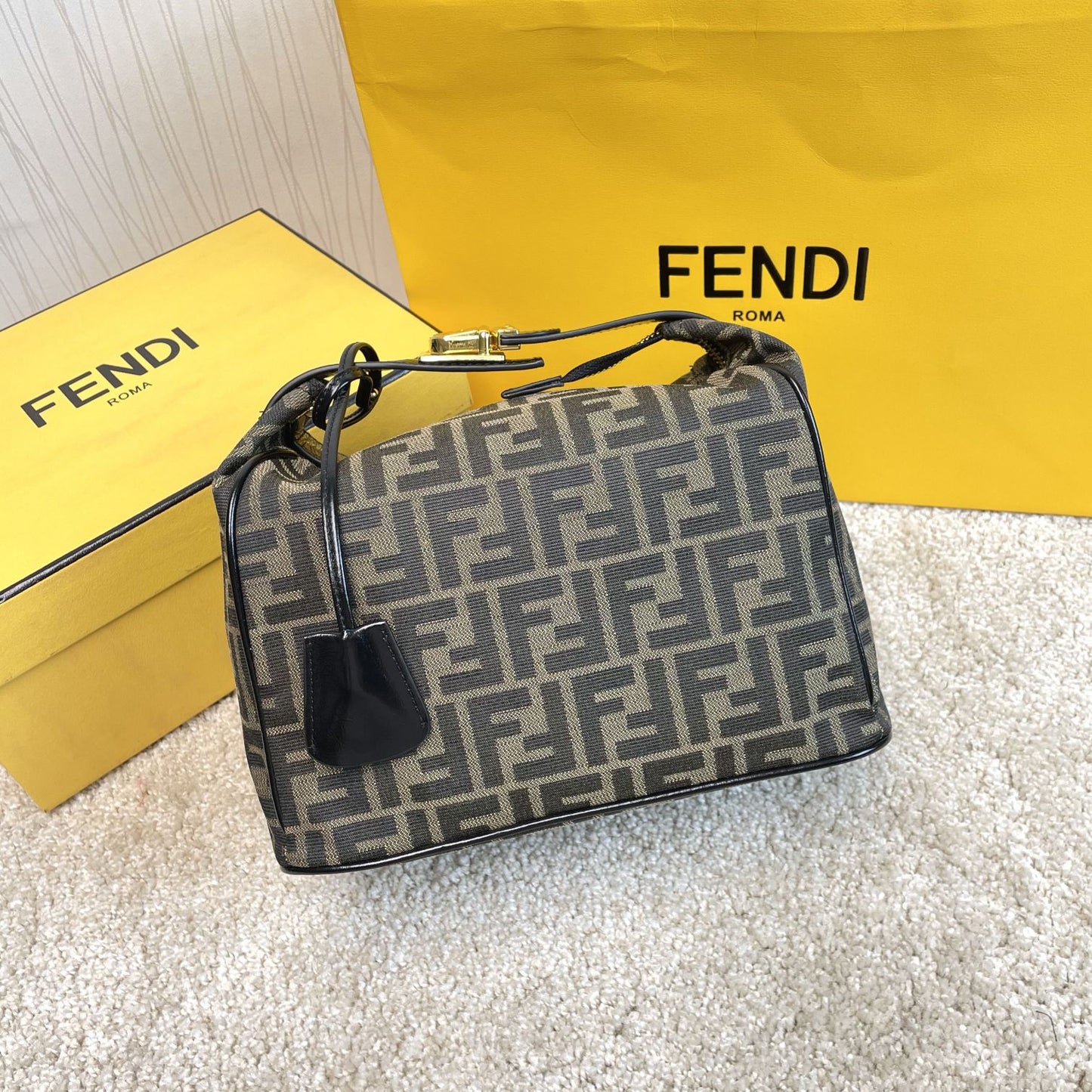 Fendi Small By The Way Boston Bag - Brown FF Monogram Canvas with Black Leather Trim