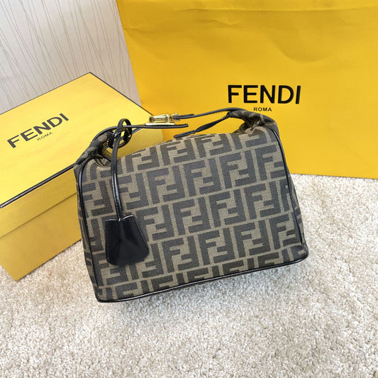 Fendi Small By The Way Boston Bag - Brown FF Monogram Canvas with Black Leather Trim