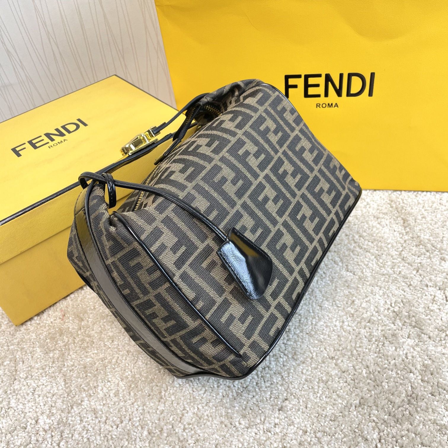 Fendi Small By The Way Boston Bag - Brown FF Monogram Canvas with Black Leather Trim
