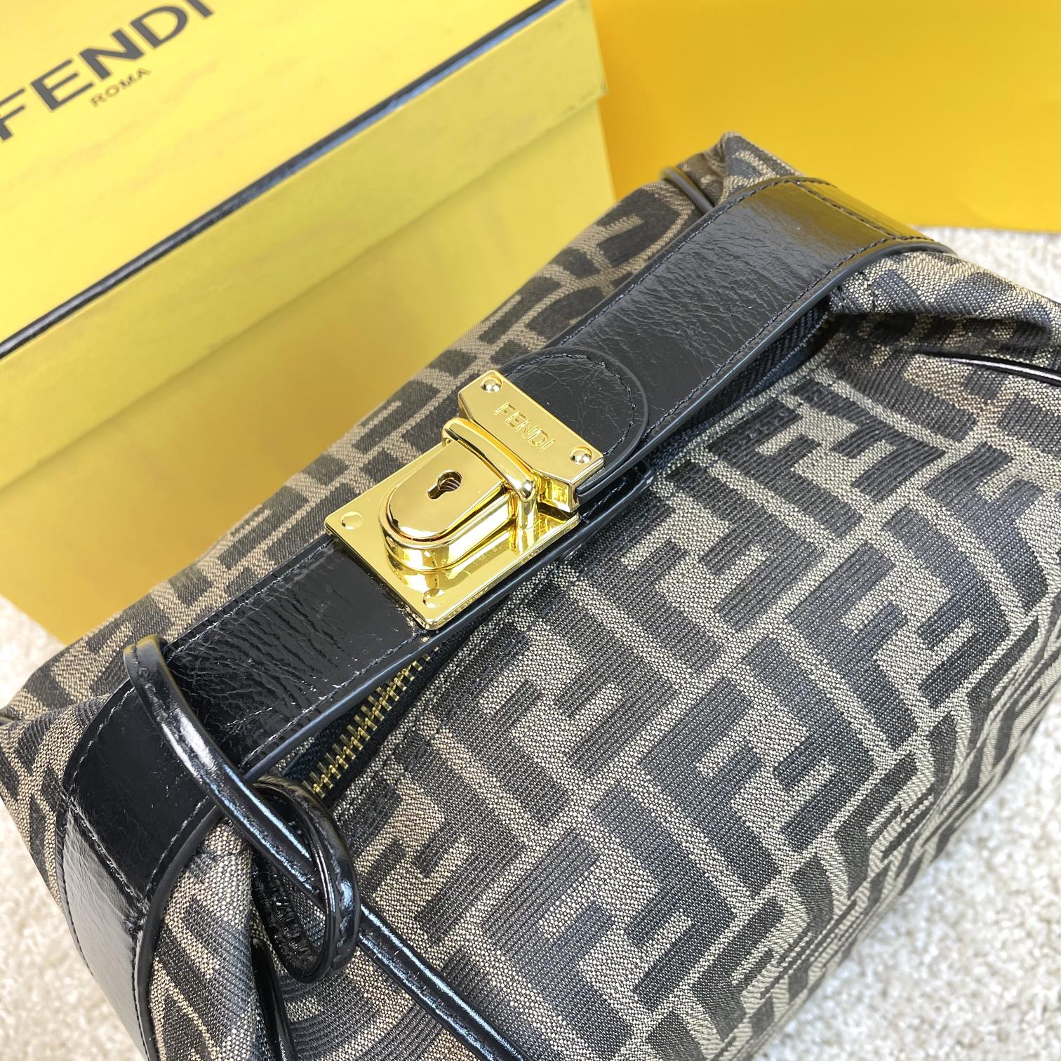 Fendi Small By The Way Boston Bag - Brown FF Monogram Canvas with Black Leather Trim