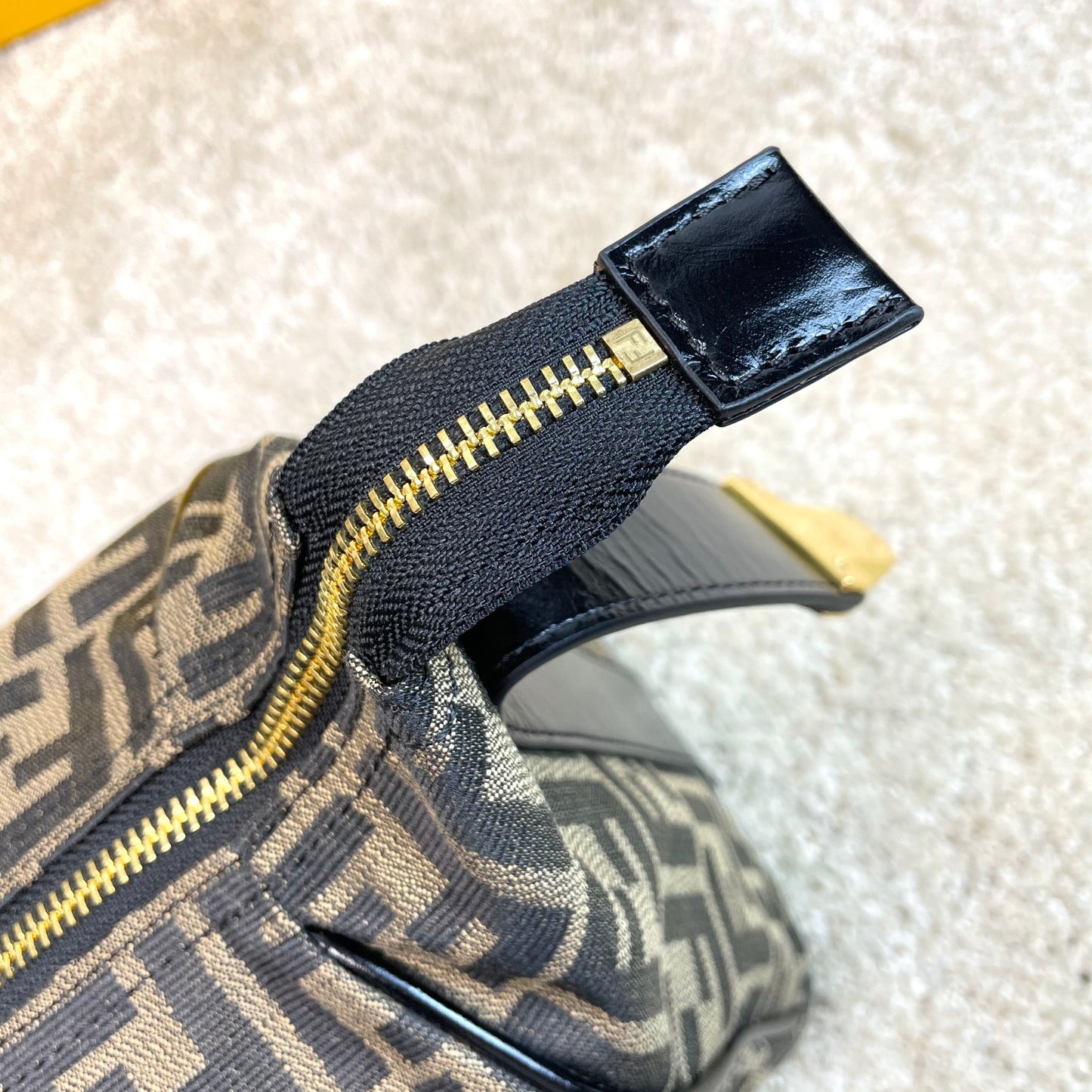 Fendi Small By The Way Boston Bag - Brown FF Monogram Canvas with Black Leather Trim