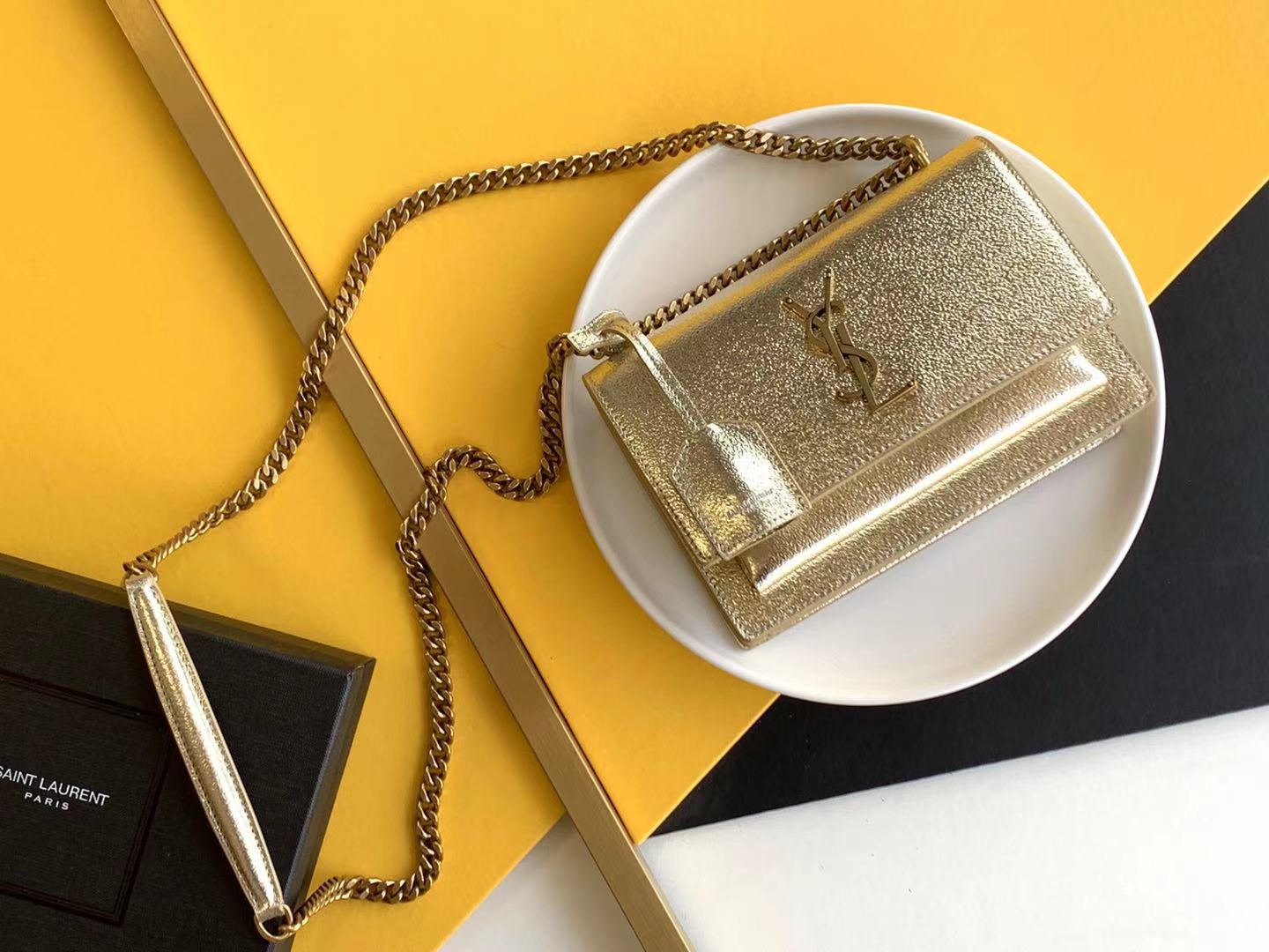 Saint Laurent YSL Kate Medium Glitter Gold Chain Crossbody Bag