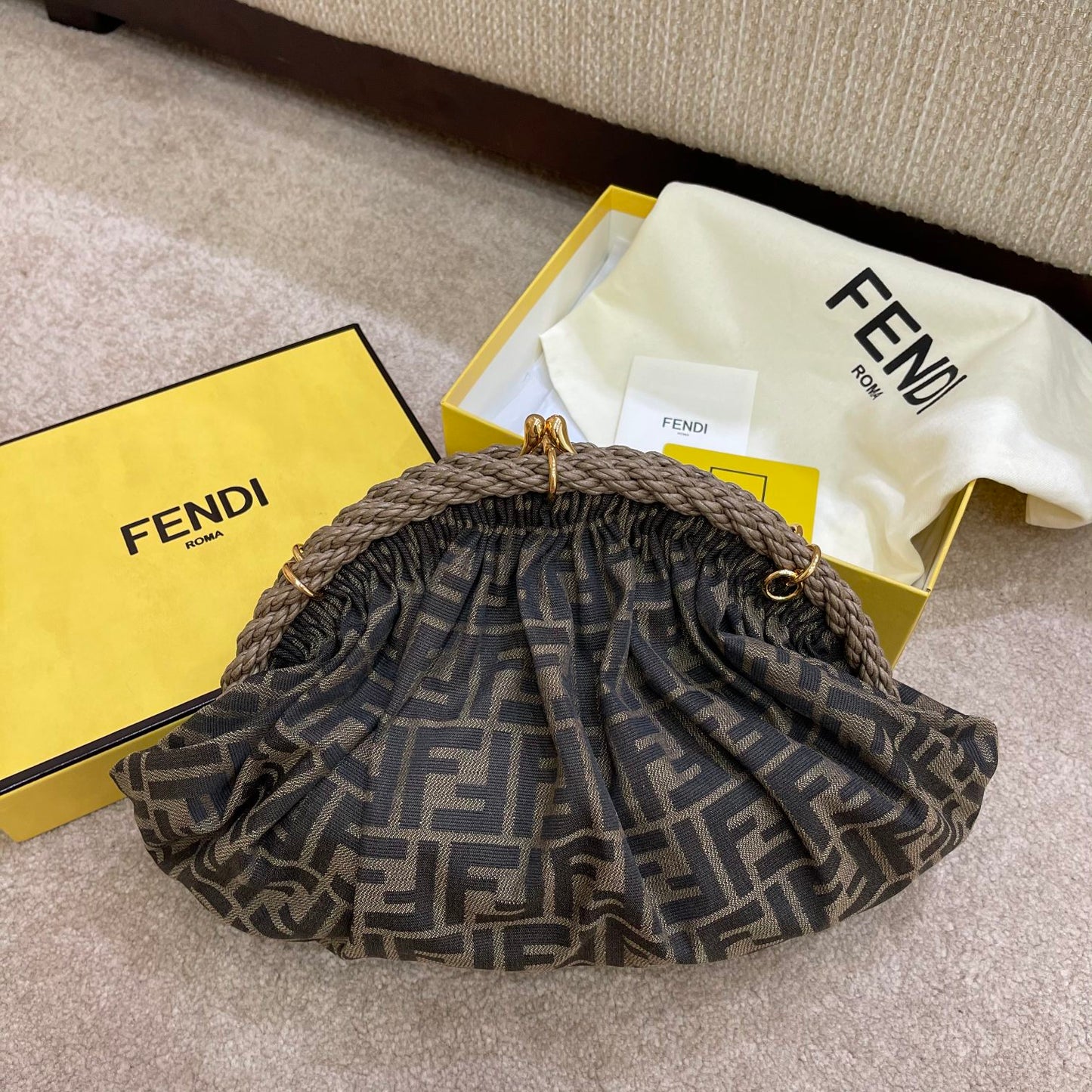 Fendi First Medium FF Fabric Clutch Bag - Brown FF Logo
