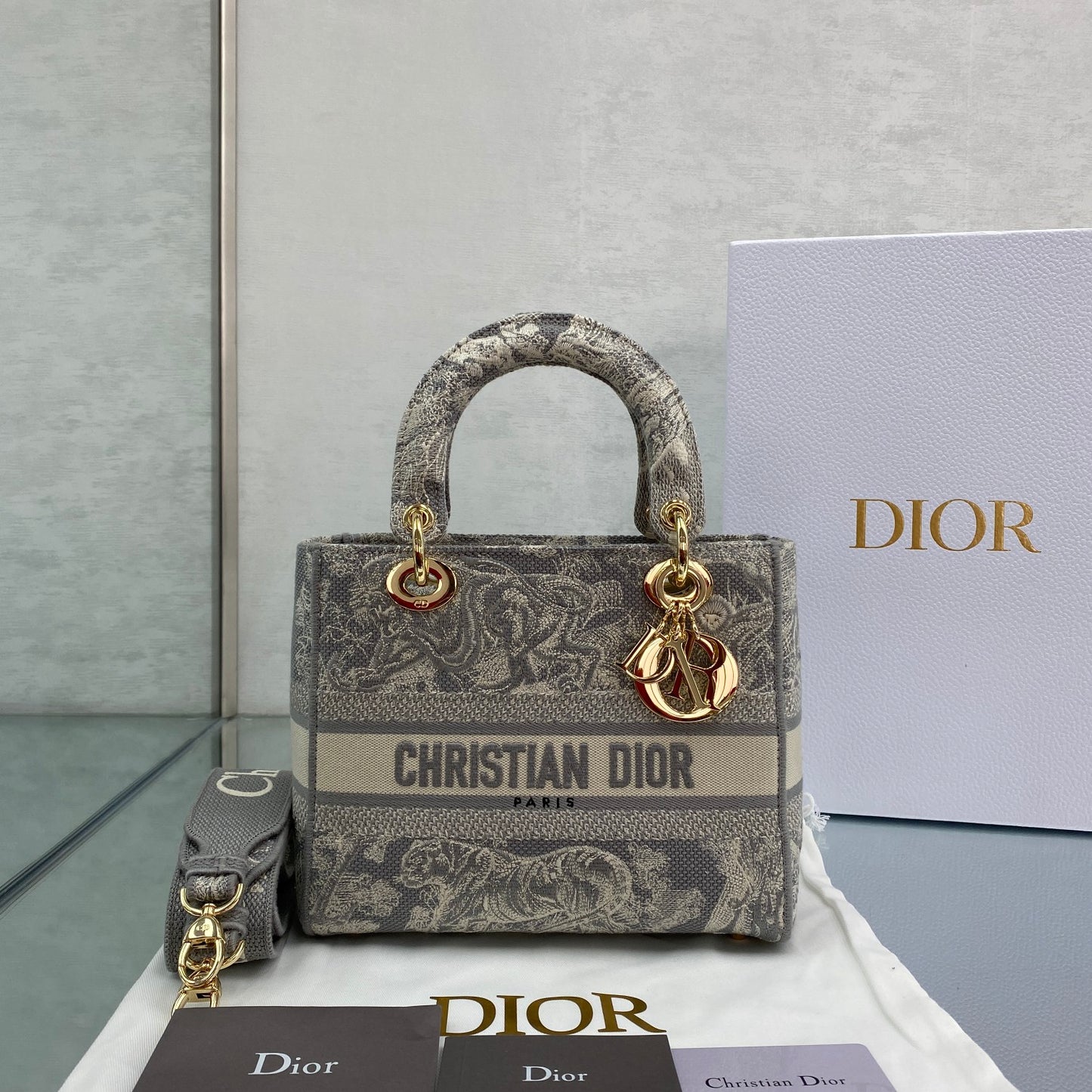 Christian Dior Medium Lady D-Lite Bag - Grey Toile de Jouy Reverse Embroidery