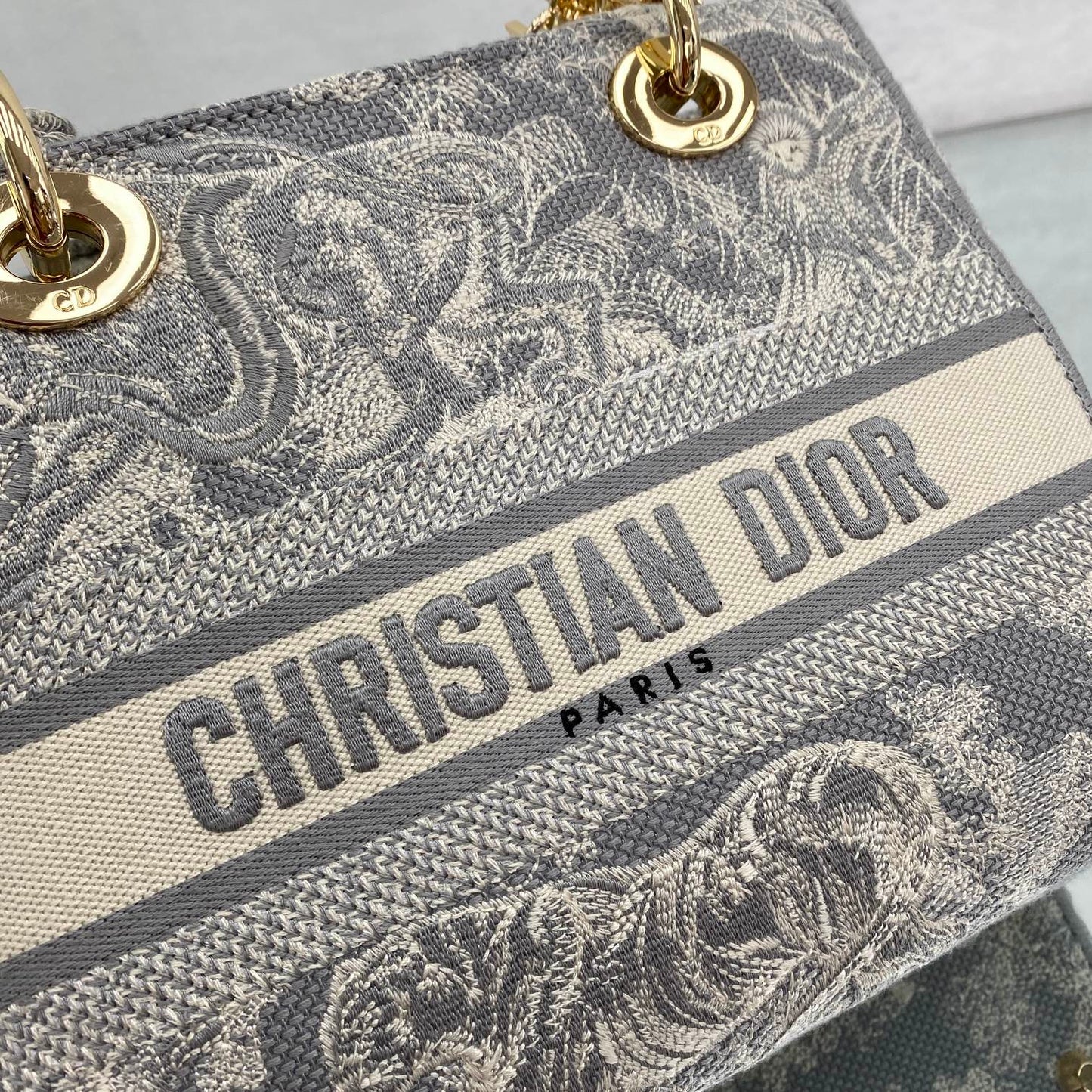Dior Elegant Grey Toile de Jouy Embroidered Canvas Top Handle Bag