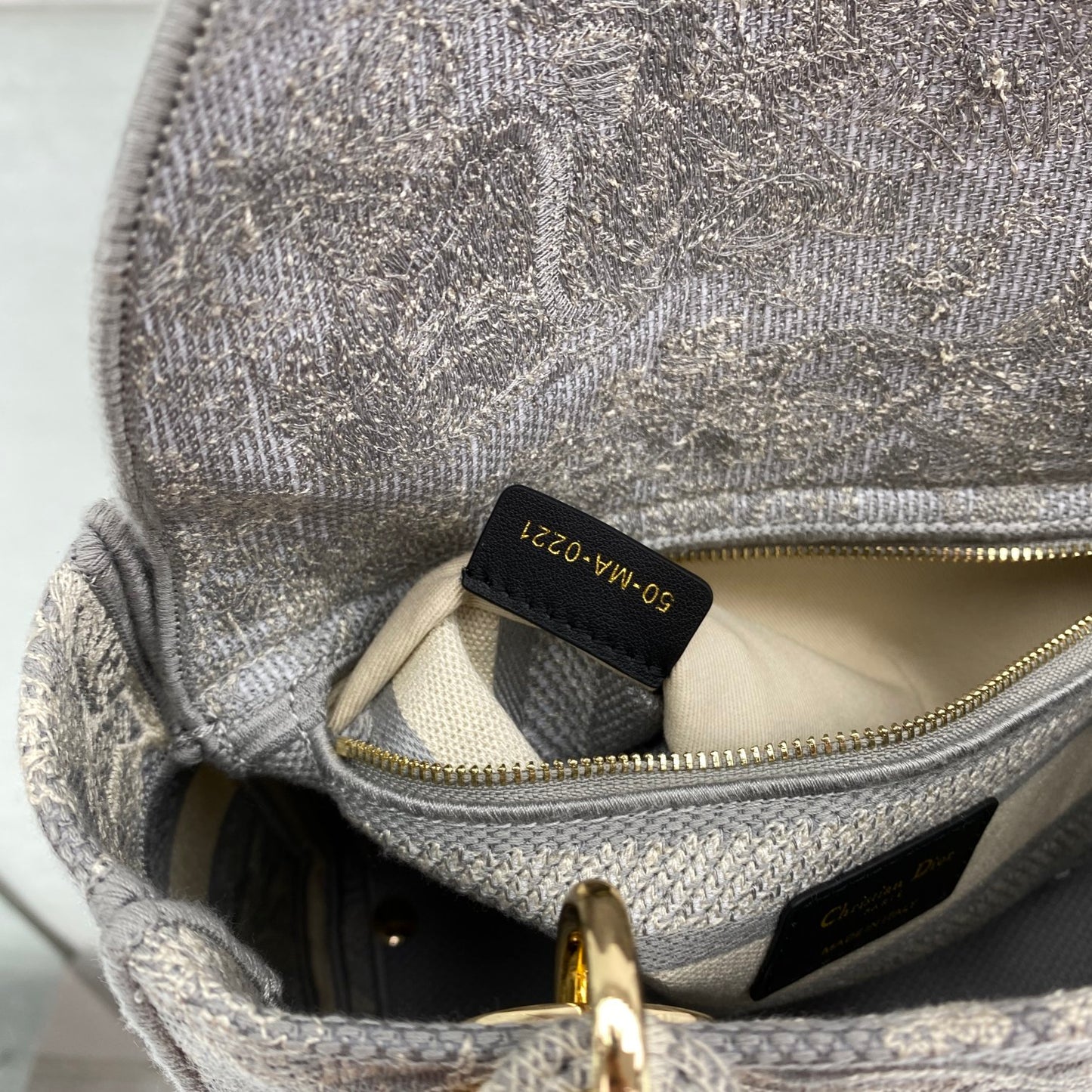Dior Elegant Grey Toile de Jouy Embroidered Canvas Top Handle Bag