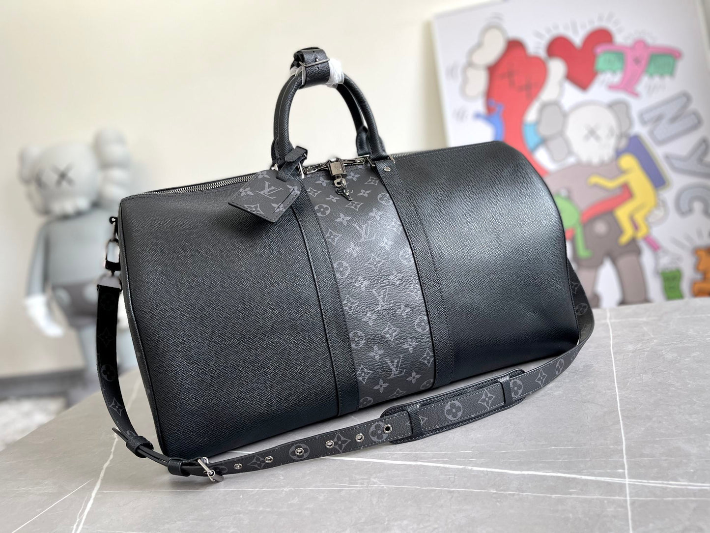 Designer Inspired Men's Monogram Black Duffle Bag - Travel Weekender Luggage