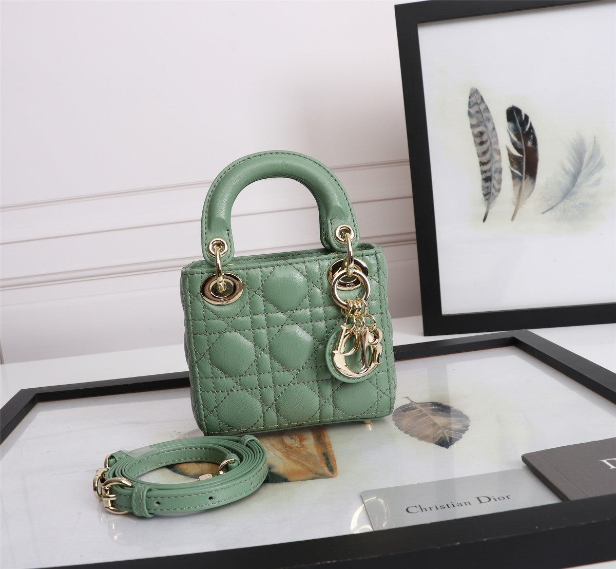 Lady Dior Mini Bag - Mint Green Cannage Lambskin Handbag with Gold-Tone Charms