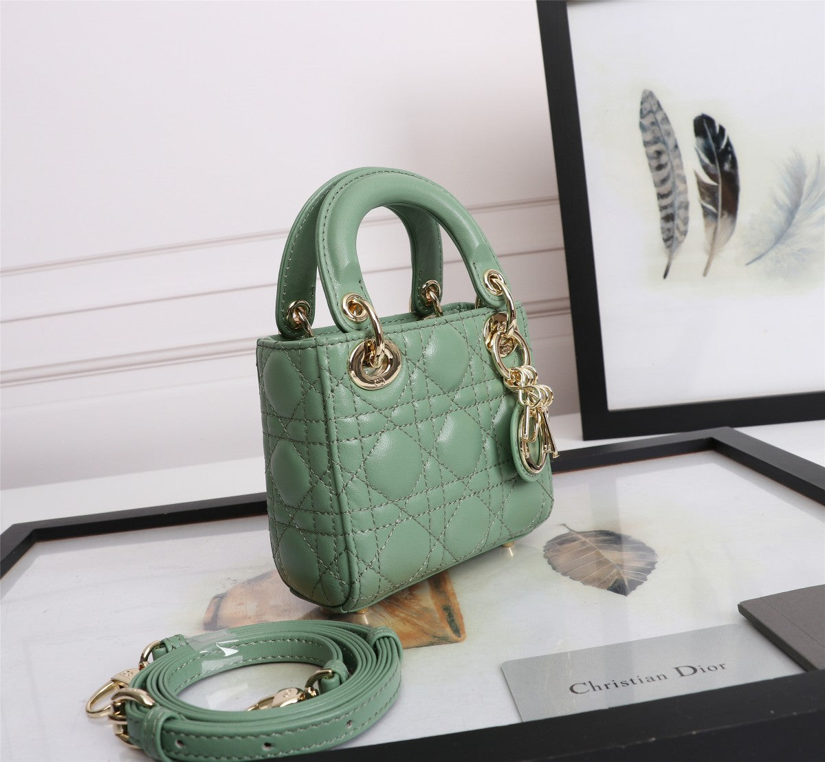 Lady Dior Mini Bag - Mint Green Cannage Lambskin Handbag with Gold-Tone Charms