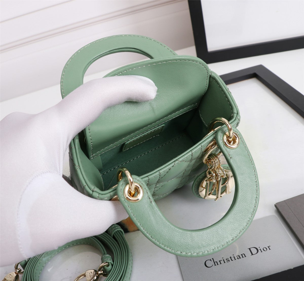 Lady Dior Mini Bag - Mint Green Cannage Lambskin Handbag with Gold-Tone Charms