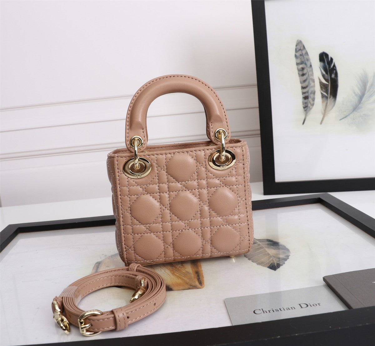 Micro Lady Dior Bag in Nude Cannage Lambskin with Gold-Finish Charms