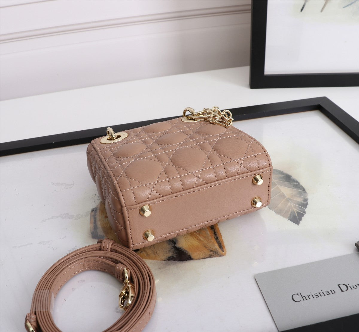 Micro Lady Dior Bag in Nude Cannage Lambskin with Gold-Finish Charms