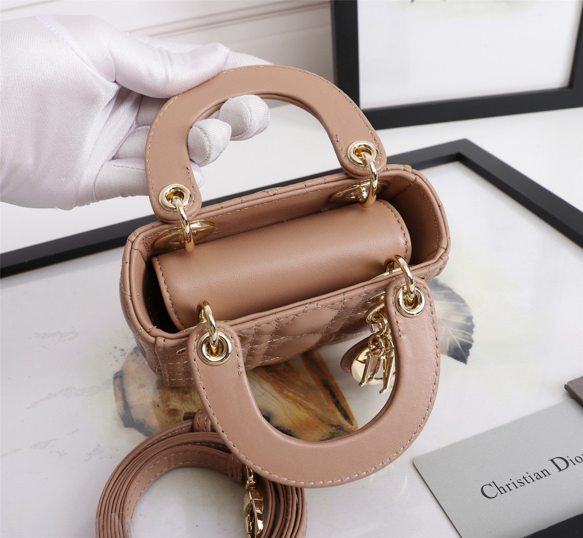 Micro Lady Dior Bag in Nude Cannage Lambskin with Gold-Finish Charms