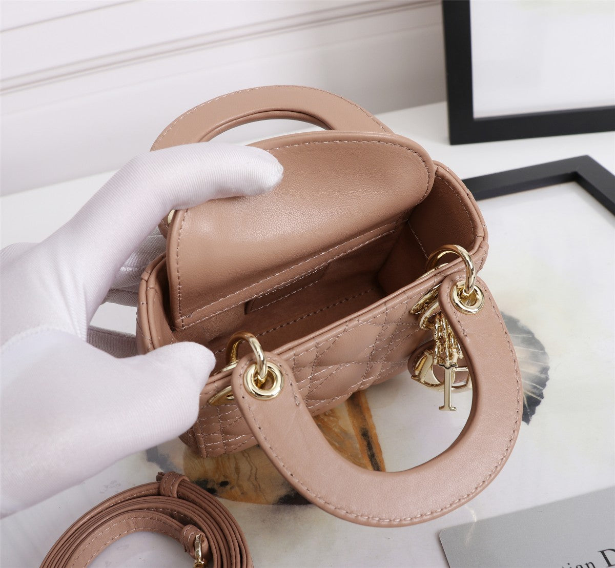 Micro Lady Dior Bag in Nude Cannage Lambskin with Gold-Finish Charms