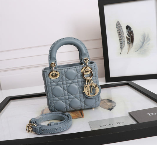 Christian Dior Mini Lady Dior Bag Blue Cannage Lambskin with Gold-Finish Charms