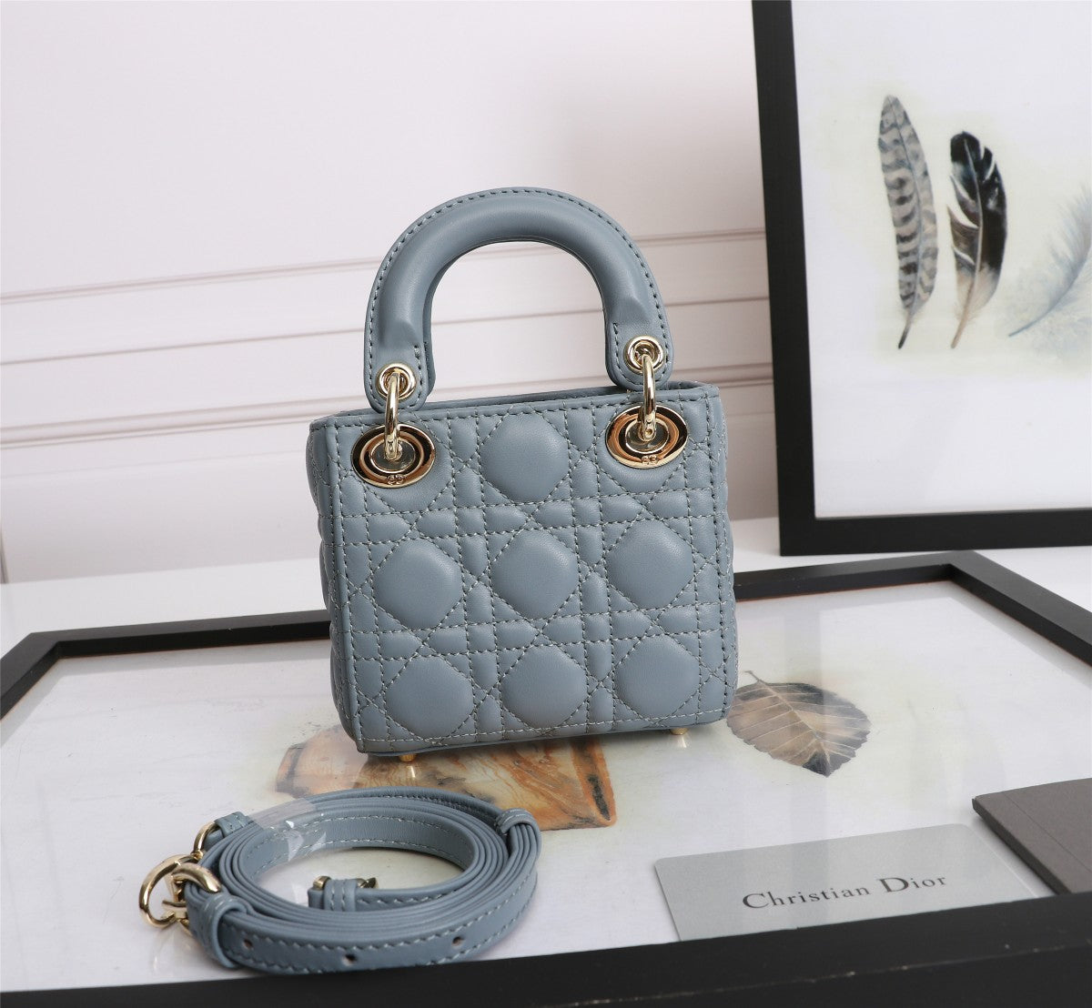 Christian Dior Mini Lady Dior Bag Blue Cannage Lambskin with Gold-Finish Charms