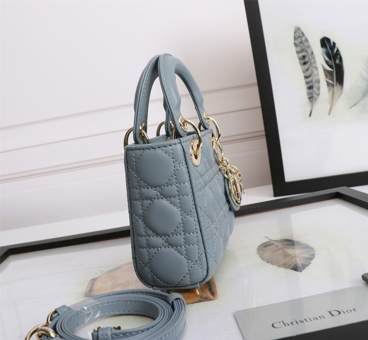 Christian Dior Mini Lady Dior Bag Blue Cannage Lambskin with Gold-Finish Charms