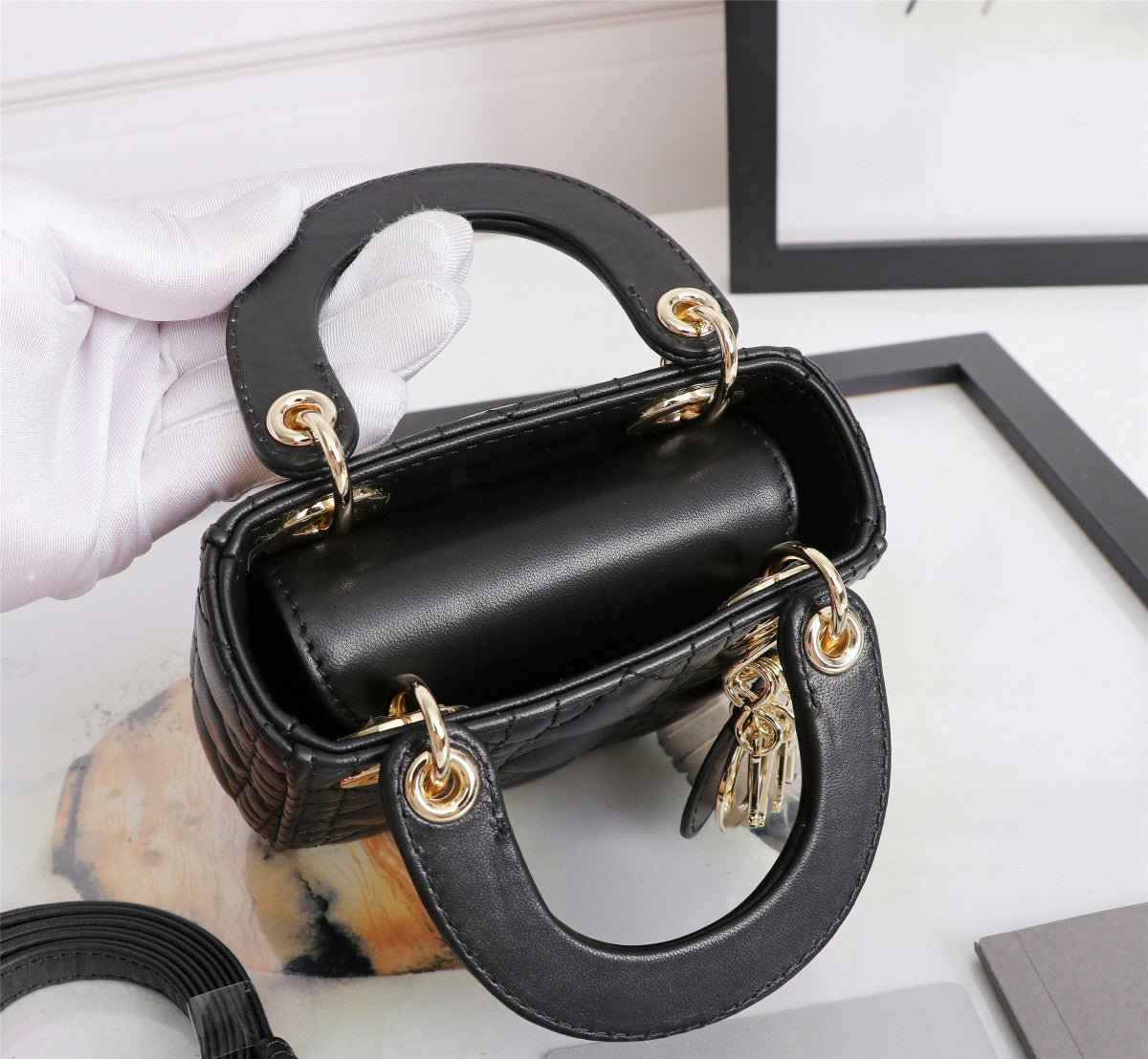 Christian Dior Lady Dior Micro Bag Black Lambskin Cannage with Gold Hardware