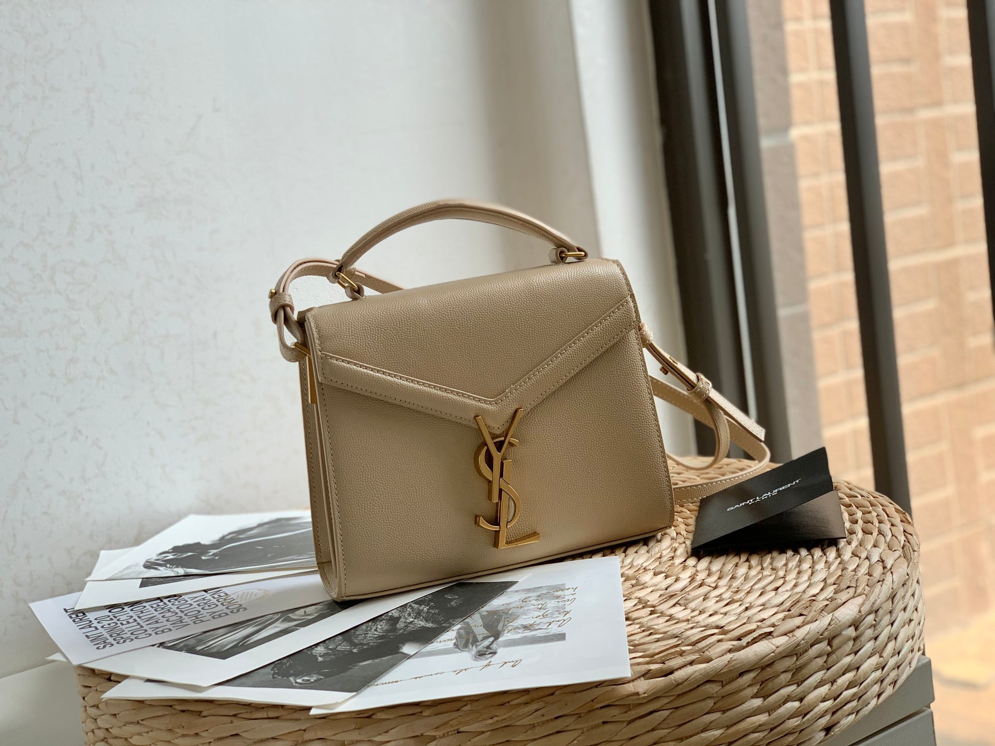 Saint Laurent Cassandra Mini Top Handle Bag in Dark Beige Grained Leather