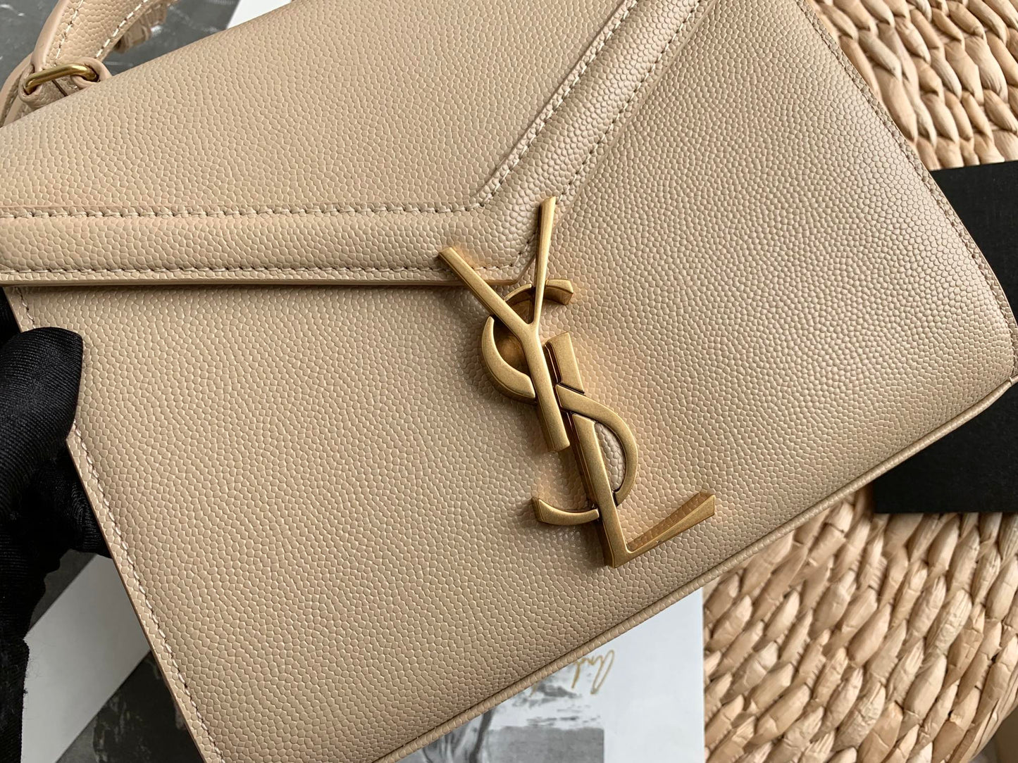 Saint Laurent Cassandra Mini Top Handle Bag in Dark Beige Grained Leather