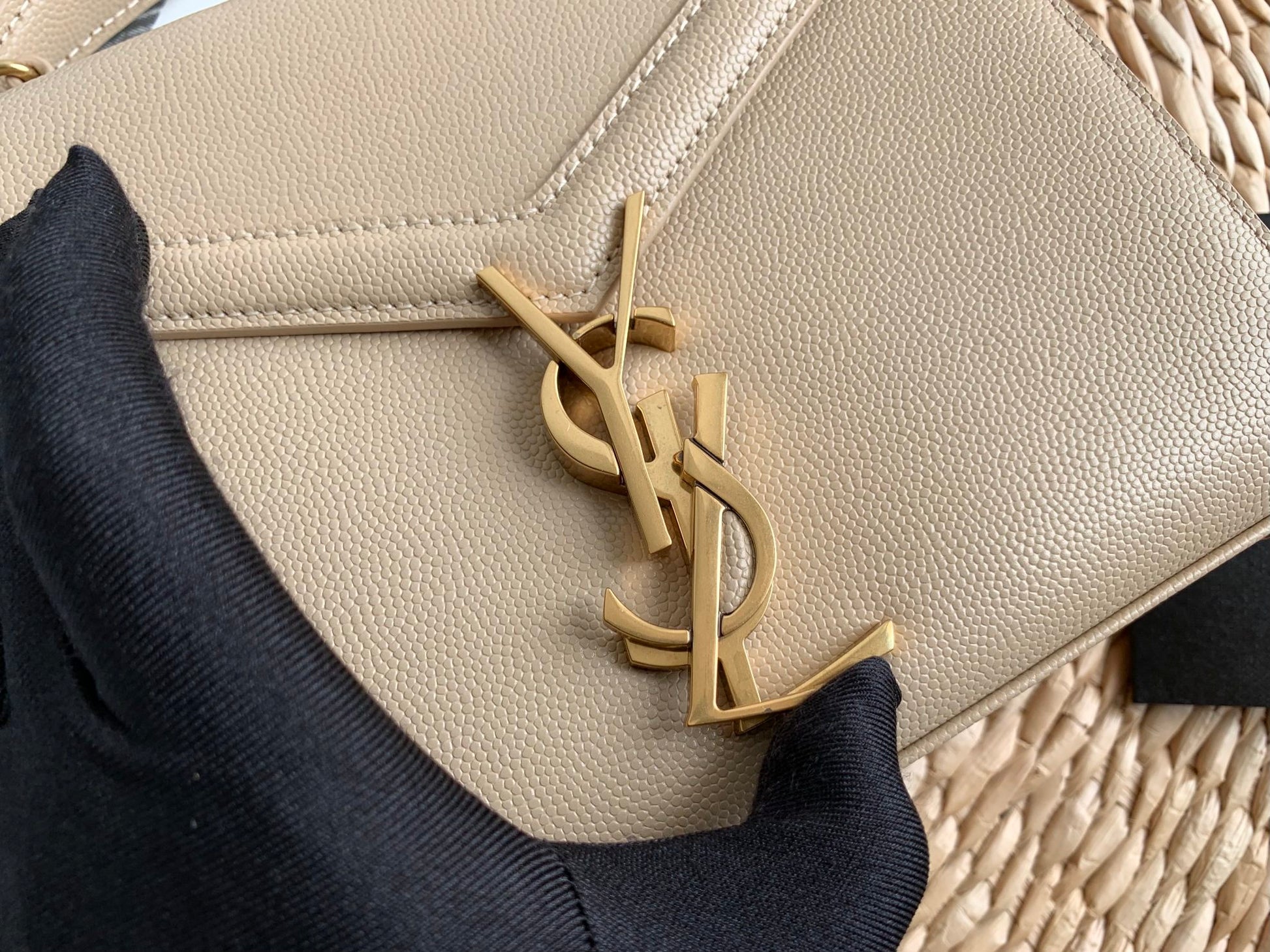 Saint Laurent Cassandra Mini Top Handle Bag in Dark Beige Grained Leather