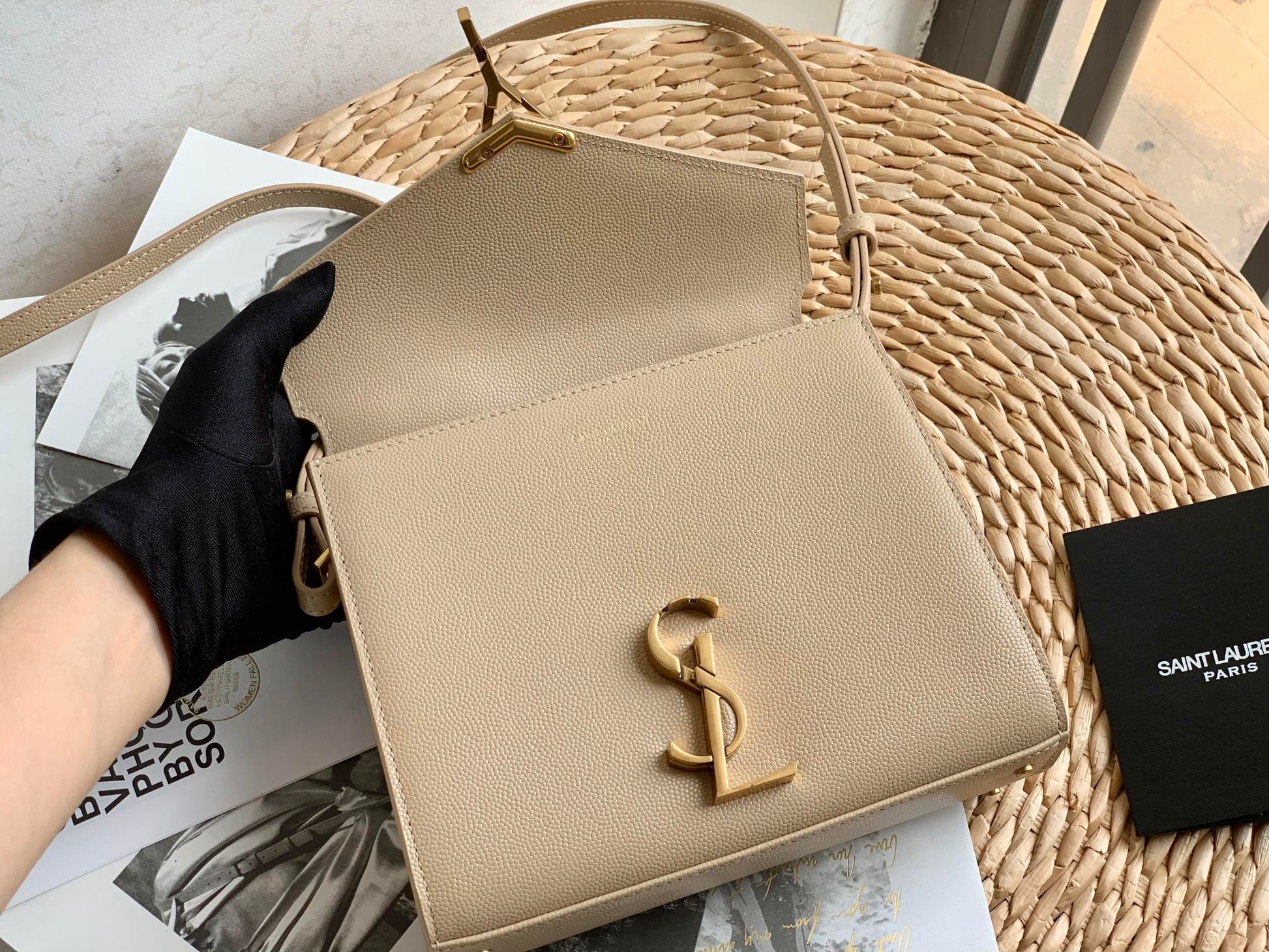 Saint Laurent Cassandra Mini Top Handle Bag in Dark Beige Grained Leather