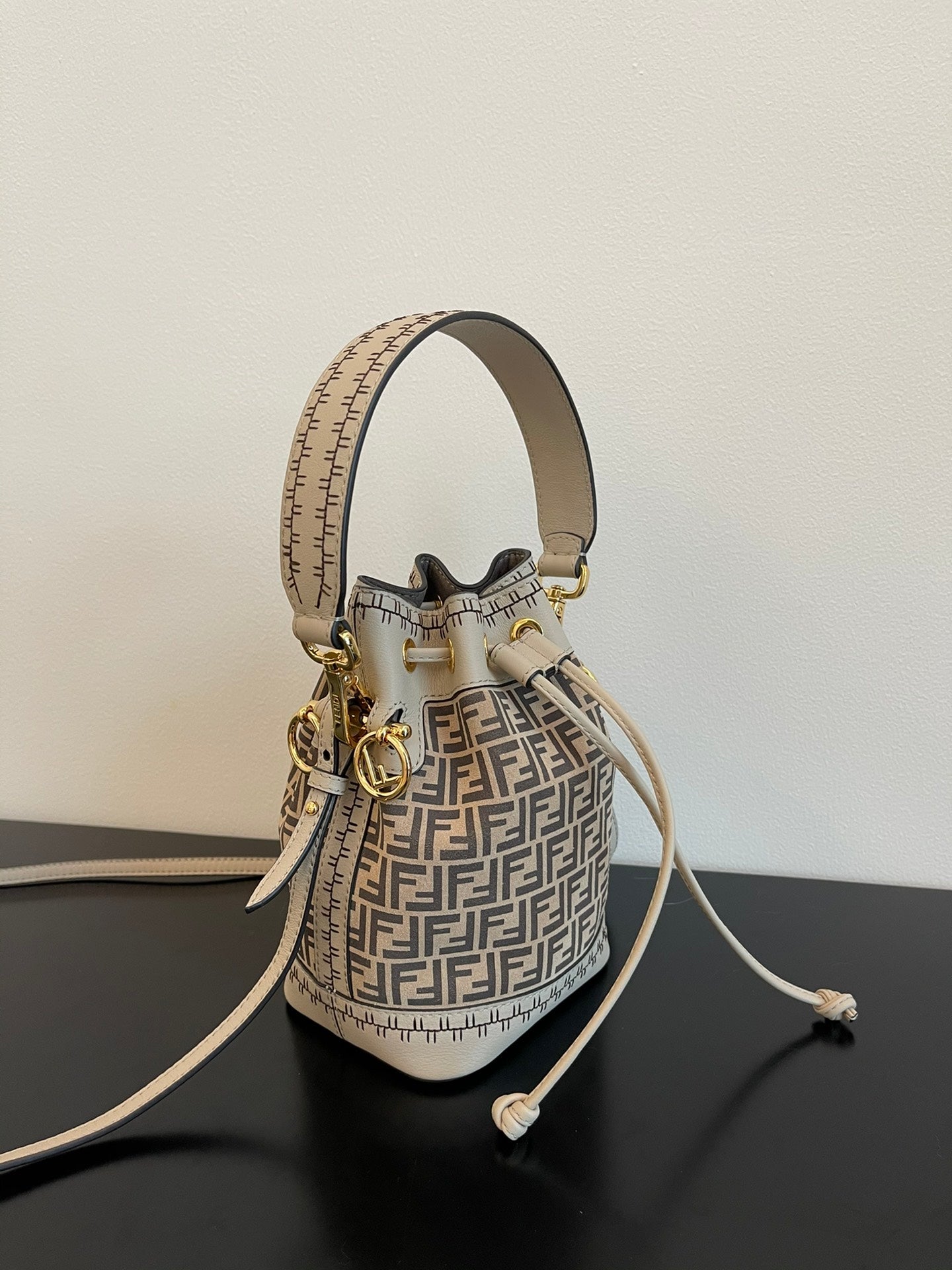 Fendi Mon Tresor Small FF Logo Canvas Bucket Bag - Grey/Beige