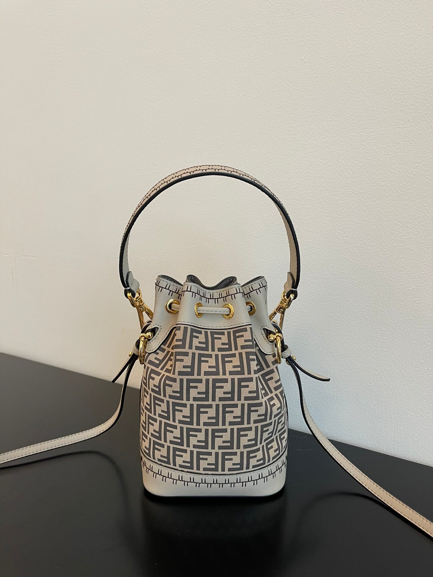 Fendi Mon Tresor Small FF Logo Canvas Bucket Bag - Grey/Beige